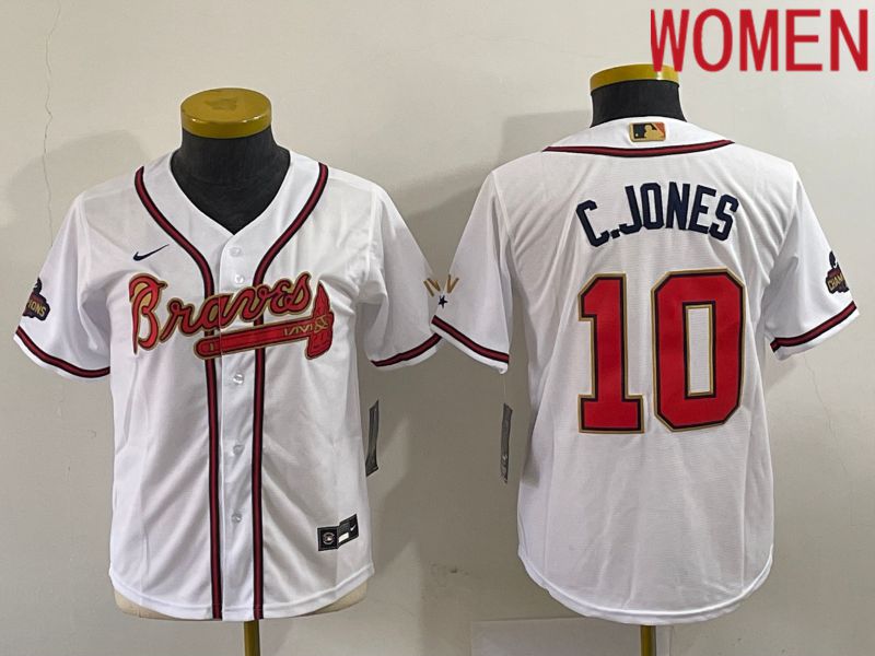 Women Atlanta Braves #10 C.Jones White Gold Game Nike 2023 MLB Jersey->texas rangers->MLB Jersey